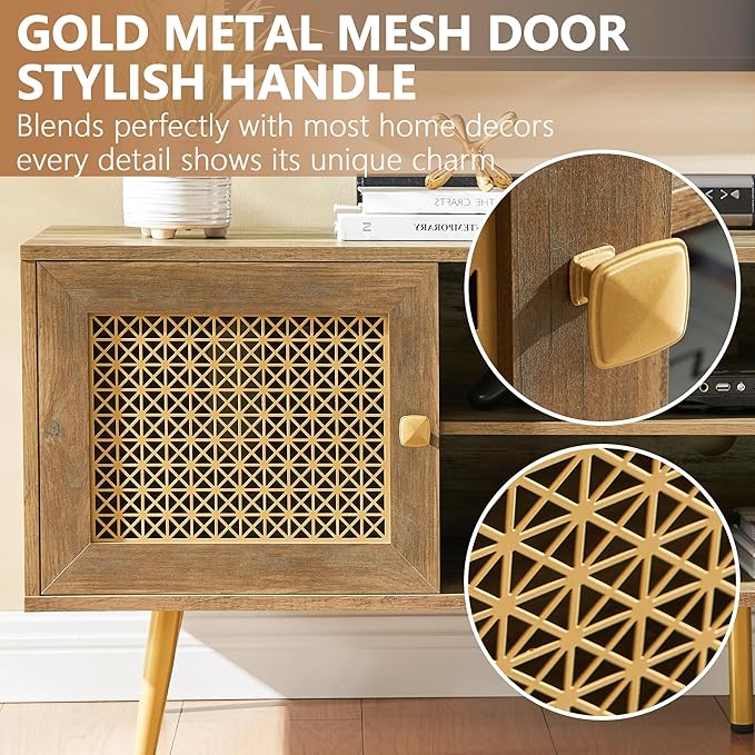Mid Century Modern TV Stand with Metal Mesh Doors and Open Shelf for Tvs up to 65" Boho Media Console Entertainment Center with Cable Holes for Living Room Rustic Oak 59.06"x15.55"x20.87"-Ruum Studio Home