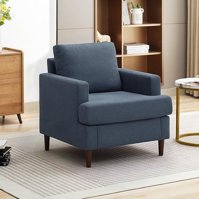 Mid-Century Accent Chair,Modern Linen Fabric Armchair for Living Room,Comfy Upholstered Reading Accent Chairs for Bedroom,Single Sofa Chair with Wood Legs (Blue Grey, 1 Pack)-Ruum Studio Home