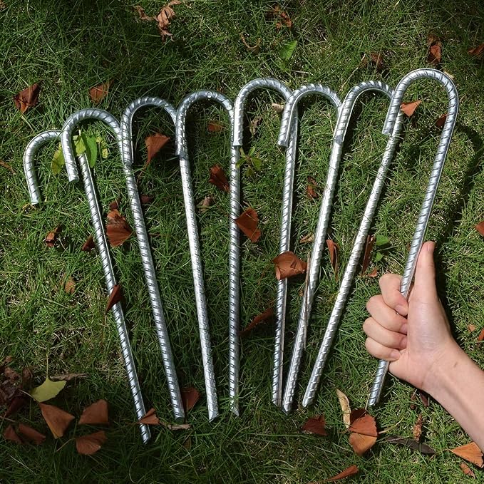 Rebar Stakes 16 inch, 3/8" Diameter Heavy Duty J Hook Stakes 8 Pack, Galvanized Anti-Rust Ground Anchor Long Tent Stakes for Dog Fence Trompoline Swing Set-Ruum Studio Home