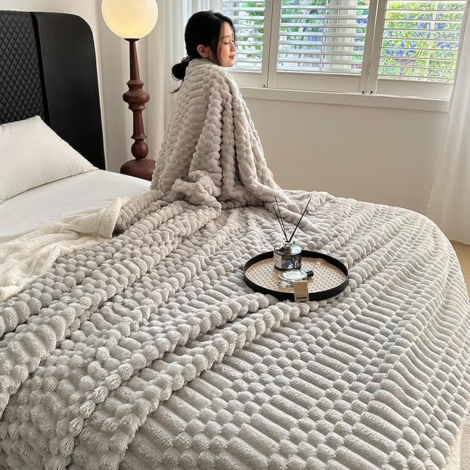 UKELER Sherpa Throw Blanket 60 × 80 inch, 470 GSM Striped Sherpa Fleece Blanket for All Season, Warm and Cozy Blankets for Couch Sofa Bed Office Camping, Silver Gray-Ruum Studio Home
