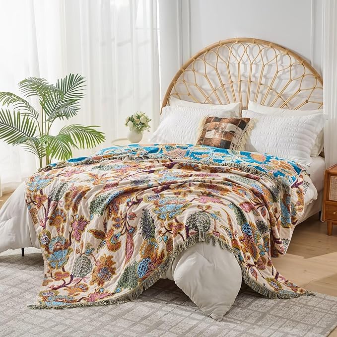 100% Muslin Throw Blanket for Couch, Butterfly and Floral Double Embroidery Fall Throw Blanket 60"x80" for Sofa, Chair, Woven Cotton Reversible Mexican Blanket-Ruum Studio Home