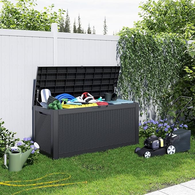 100 Gallon Resin Deck Box, Lockable Patio Outdoor Storage Box for Furniture, Garden Tools and Tools Storage, Waterproof Outside Storage Boxes - Black-Ruum Studio Home