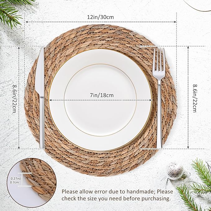 Defined Deco Woven Placemats Set of 10,12" Round Rattan Placemats,Natural Hand-Woven Water Hyacinth Placemats,Farmhouse Weave Place Mats,Rustic Braided Wicker Table Mats for Dining Table,Home,Wedding.-Ruum Studio Home