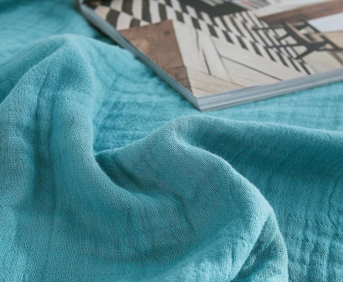100% Cotton Muslin Throw Blanket for Bed, Couch, Small, Decorative, Soft, Pre-Washed, Breathable and Lightweight Gauze Blanket with Fringes, Suitable for All Seasons, Teal, 50"x60"-Ruum Studio Home