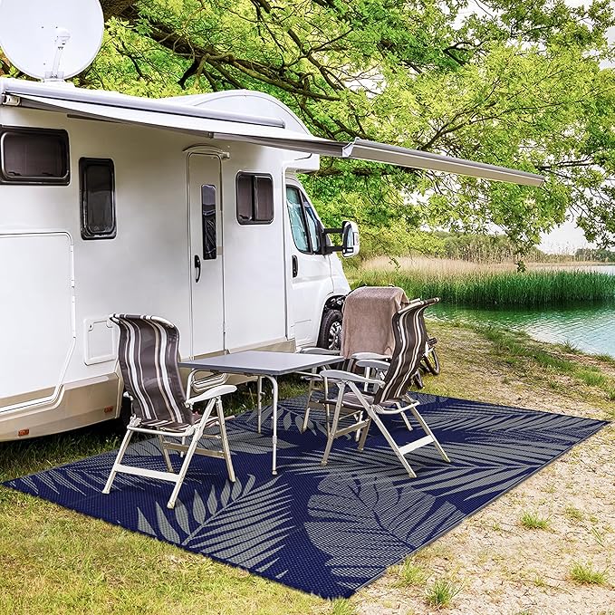 GENIMO Outdoor Rug 9' x 12' Waterproof for Patios Clearance, Reversible Outdoor Plastic Straw Camping Rug Carpet, Large Area Rugs Mats for RV, Camper, Deck, Balcony, Porch, Beach, Navy Blue&Grey-Ruum Studio Home