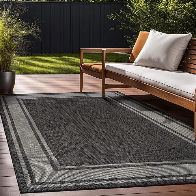 Beverly Rug Outdoor Rug 5x7 Modern Bordered Area Rugs for Indoor and Outdoor Patio Deck Porch Garden Waterproof Weather Sun Resistant Washable Outside Carpet (5 x 7 Dark Gray)-Ruum Studio Home