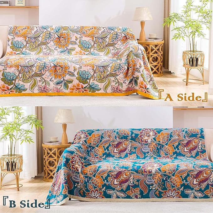 Boho Throw Blanket for Bed, 100% Cotton Soft Rustic Quilt Fall Blanket, 90"x98" Floral Printed Farmhouse Decor Bed Blankets, All Season Rustic Reversible Bohemian Throw Quilt-Ruum Studio Home