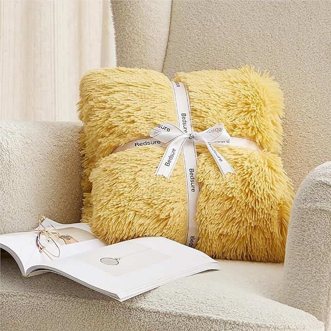 Bedsure GentleSoft Fuzzy Sherpa Faux Fur Twin Blanket Yellow Cozy Gifts for Women Men, Soft Fleece Plush Warm Thick Blanket Twin Size for Bed, Couch, Room Dorm Essentials Yellow Decor Gifts, 60x80-Ruum Studio Home
