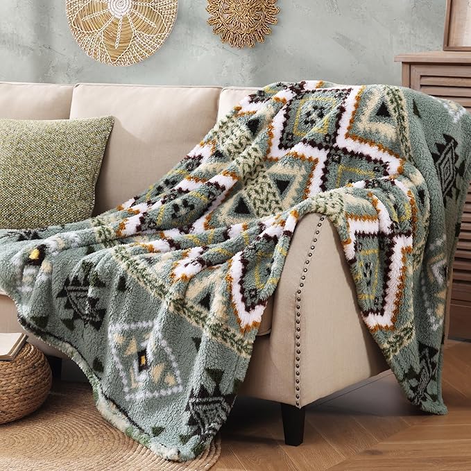 CASAAGUSTO Boho Sherpa Throw Blanket, Aztec King Size Blanket, Ultra Soft, Warm, Cozy, Plush, Thick Fleece Bohemian Throw Blanket for Couch, Bed, Sofa (Olive Green 108 * 90 Inch)-Ruum Studio Home