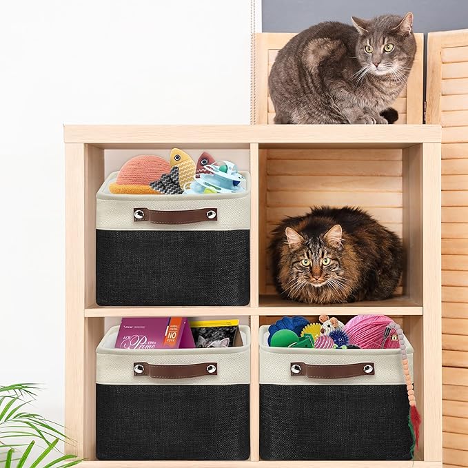 SIMPLE HOUSEWARE Large Fabric Storage Bin, 15" x 11" with Leather Like Handles, 3 Pack, Black-Ruum Studio Home
