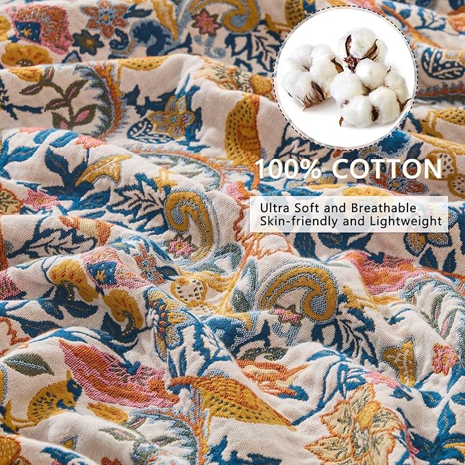 Boho Throw Blanket for Couch,100% Cotton Summer Blanket for Bed, Ultra Soft Rustic Quilt for Bed, Home Decor, Boho Picnic Blankets with Bird and Flowers for All Seasons,Twin 60"x80"-Ruum Studio Home