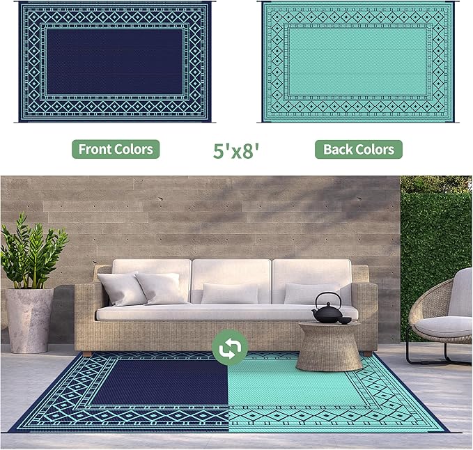 GENIMO Outdoor Rug Waterproof 5'x8' for Patio, Foldable Reversible Plastic Straw Carpet for Travel Trailers, Outside Area Mat for Rv, Deck, Picnic, Porch, Balcony, Beach, Navy Blue & Jade Green-Ruum Studio Home