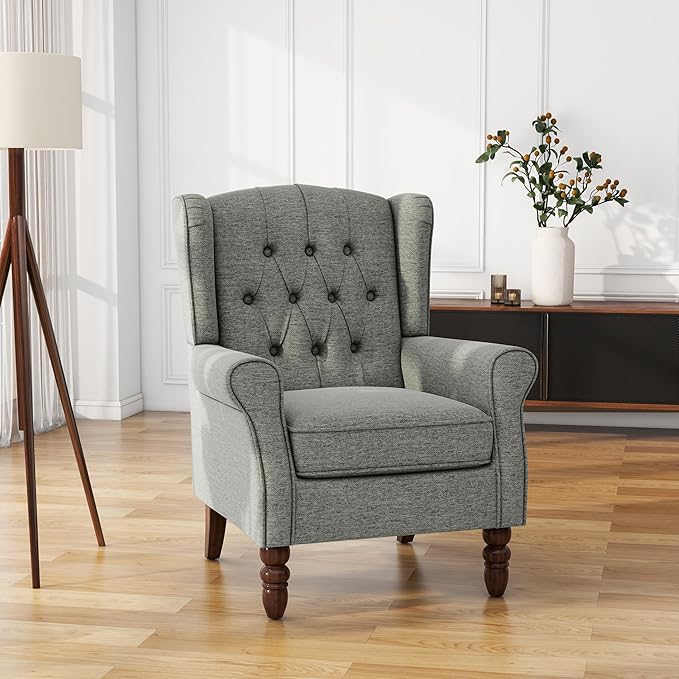UIXE High Back Accent Chair, Fabric Upholstered Armchair for Living Room, Retro Wingback Arm Chair Comfy Single Sofa Bedroom Reading Seat with Solid Wooden Legs - Gray-Ruum Studio Home