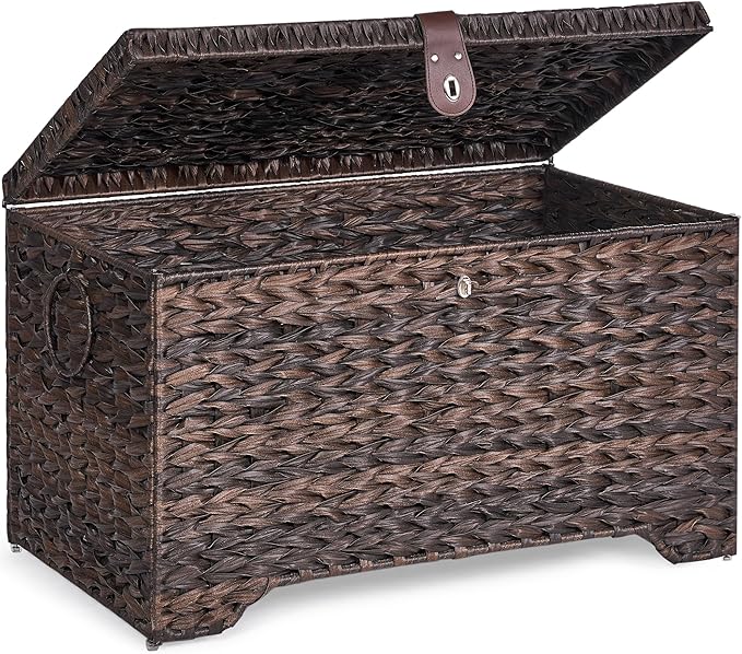 Handwoven Storage Basket with Lid, 165L Plastic Rattan Storage Bin, Leather Buckle & Metal Frame, Large Metal Ring Handles, Storage Trunk for Bedroom, Laundry Room-Ruum Studio Home