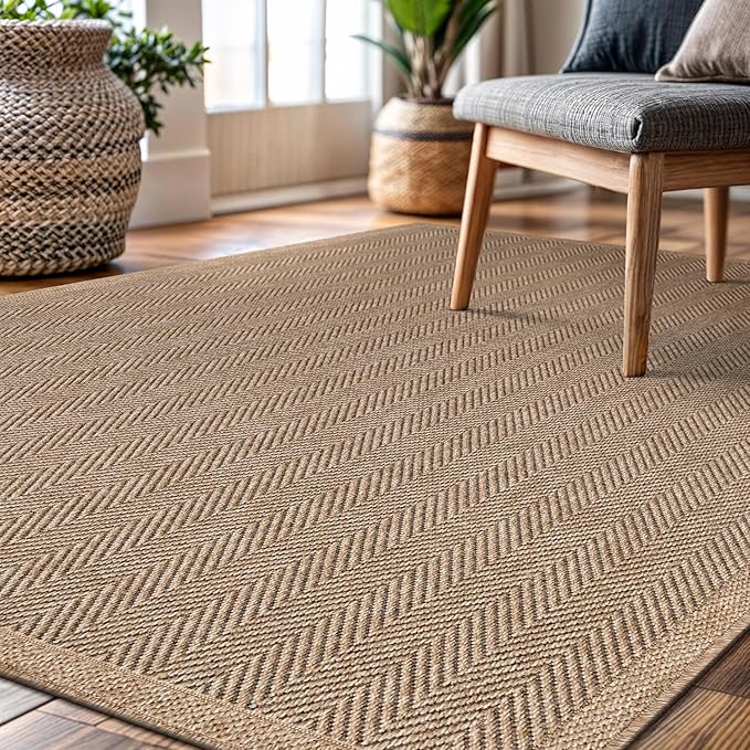 CAMILSON Easy Jute Rug 6x9, Indoor Outdoor Natural Color Fiber Area Rugs for Living Room Patio and Bedroom Rug Herringbone Seagrass Woven Design Easy-Cleaning, Washable Outside Carpet Alfombras 6 x 9-Ruum Studio Home