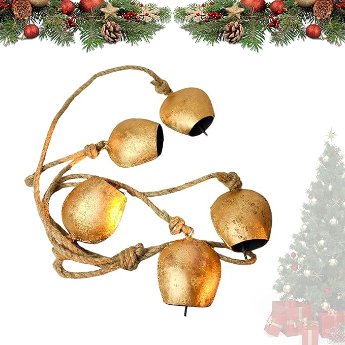 Harmony 5 Cow Bells Cluster on Rope - Large Rustic Vintage Lucky Cow Bells On Rope Wall Hanging Decor-Ruum Studio Home