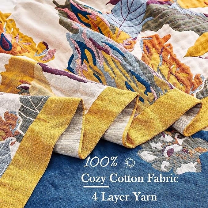Boho Throw Blanket, 100% Cotton Ultra Soft Luxury Throw Rustic Quilt, 60"x80" Floral Bird Butterfly Farmhouse Decor Bed Blankets, All Season Rustic Reversible Bohemian Throw for Bed - Yellow-Ruum Studio Home