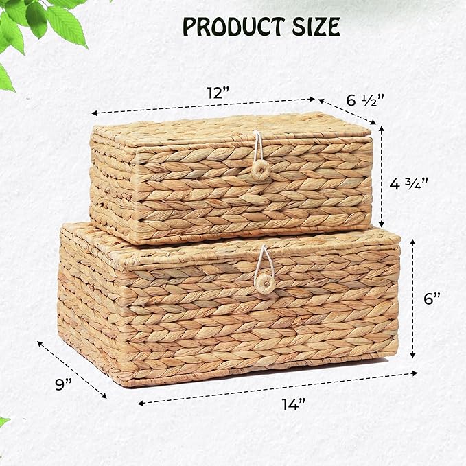 Set of 2 Rectangular Wicker Storage Bins with Lid, Rattan Basket Decorative Boxes, Multipurpose Organizer Display Boxes for Shelf Organizer, Boho Rattan Box for Home Decoration-Ruum Studio Home