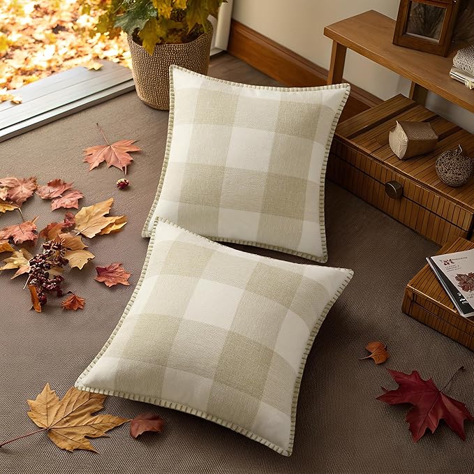 decorUhome Buffalo Plaid Check Fall Throw Pillow Covers 12x20 Set of 2, Outdoor Lumbar Decorative Farmhouse Pillow Covers with Stitched Edge for Bed Couch Sofa, Cream White and Beige-Ruum Studio Home