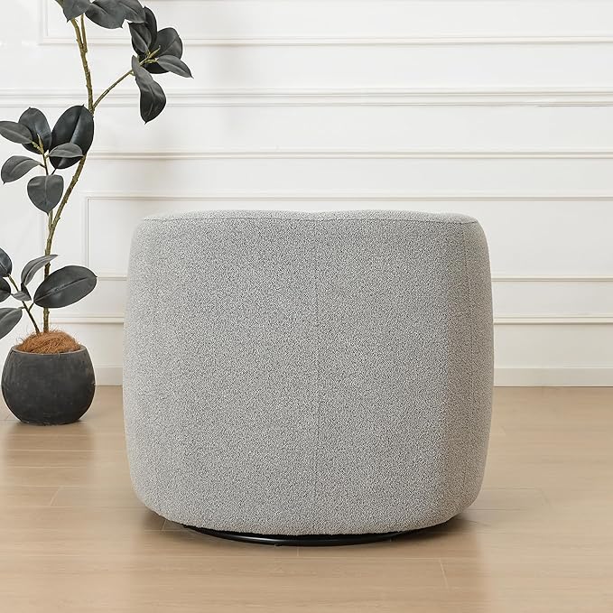 KINWELL 34" Wide Sherpa Swivel Barrel Chair, No Assembly Round Boucle Upholstered Accent Chair Armchair Single Sofa Chair with Toss Pillow for Living Room and Bedroom, Gray-Ruum Studio Home