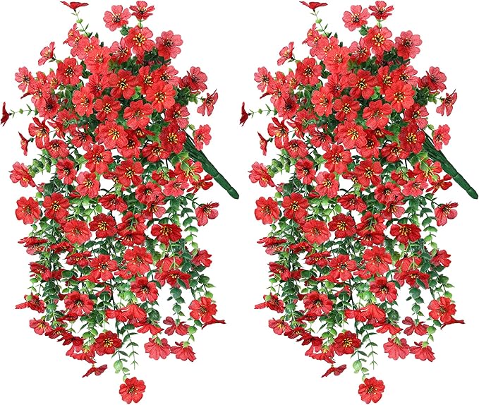 INSPRING Artificial Faux Outdoor Outside Flowers Plants, 2 PCS Fake Silk UV Resistant Look Real Red Daisy Trailing Vines for Front Door Porch Planter Urn Patio Balcony Decoration-Ruum Studio Home