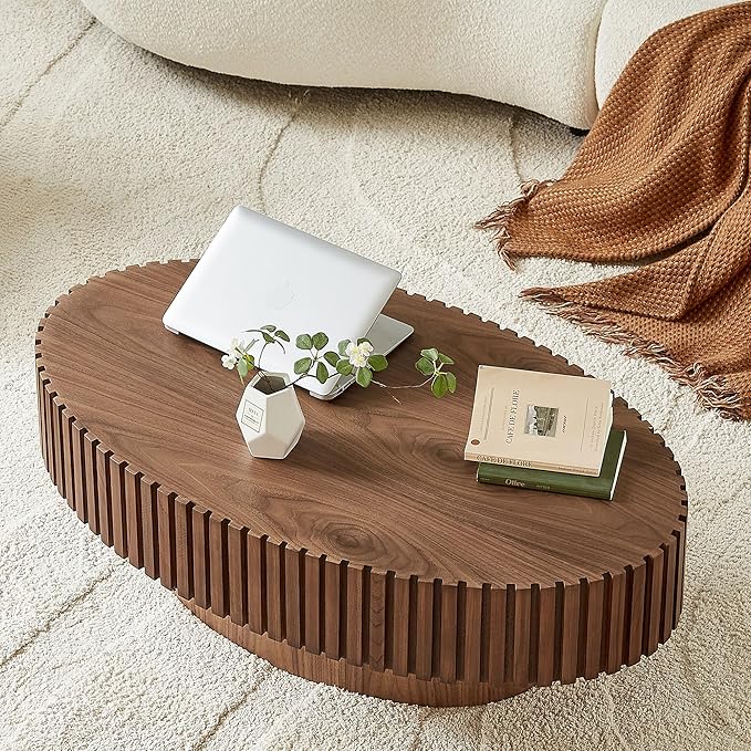 Oval Coffee Table for Living Room, Modern Fluted Coffee Tables with Pedestal Base, Handcrafted Centre Tea Tables Easy Assembly-43.7" Walnut-Ruum Studio Home