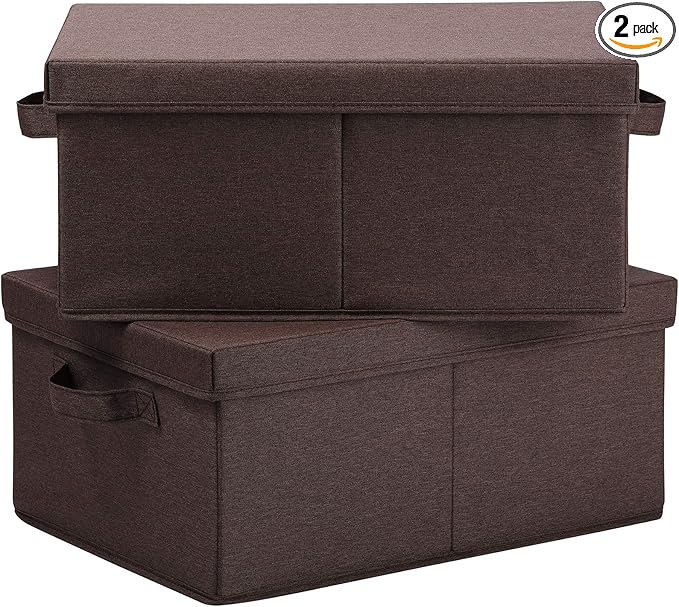 HOONEX Linen Foldable Storage Bins with Lids, 2 Pack, Storage Boxes with Carrying Handles and Sturdy Heavy Cardboard, 16.5" L x 11.8" W x 7.5" H for Shoes, Clothes, Brown-Ruum Studio Home