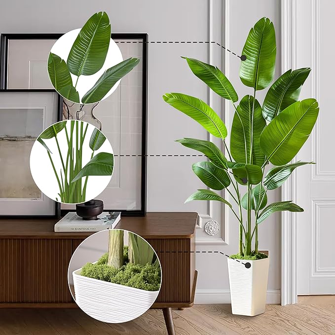 Lifelike Bird of Paradise Silk Artificial Plant Faux Banana Leaf Tree for Home Decor - Perfect Indoor Floor Plant with 11 Trunks (1, White Tall Planter, 6.6 FT)-Ruum Studio Home