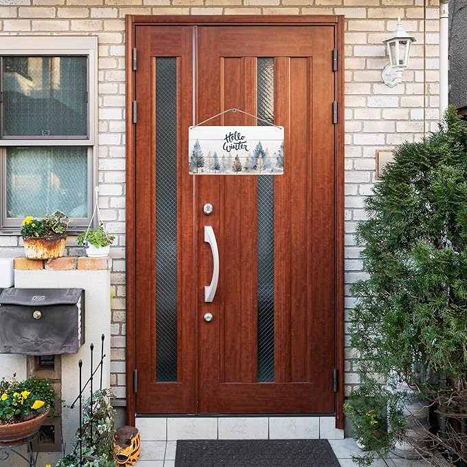 DUXMNAMG Hello Winter Welcome Hanging Wooden Signs 12x6, Pine Tree Decor, Winter Door Decorations, Winter Door Sign, Rustic Winter Christmas Snowflakes Trees Home Room Office Hanging Wall Decor-Ruum Studio Home