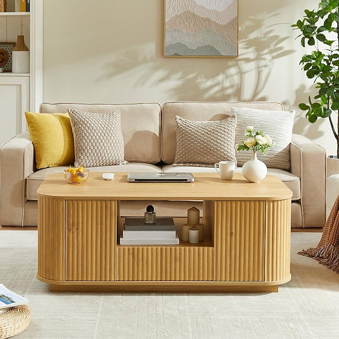 46.5" Oval Coffee Table with Drawers and Storage Mid Century Modern Fluted Solid Wood Side Coffee Tables, Luxury Tea Table Center Table for Living Rooms Offices Apartmen, Natural-Ruum Studio Home