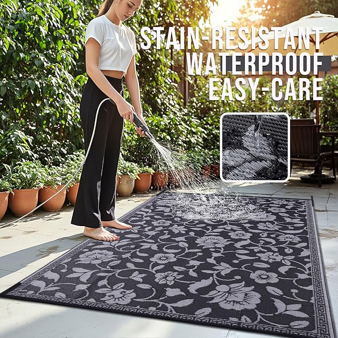 OLANLY Waterproof Outdoor Rug 6x9 ft, Outdoor Plastic Straw Rug with Flower Pattern, Reversible RV Mat for Patio, Camping, Balcony, Deck, Backyard, Black & Grey-Ruum Studio Home
