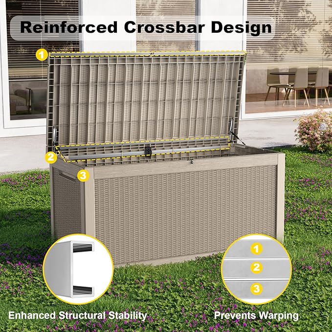 260 Gallon Outdoor Deck Box,Storage Lockable Waterproof Patio Furniture,Garden Tools,Cushions,Pool Accessories Outside Storage Resin Box(Grey)-Ruum Studio Home