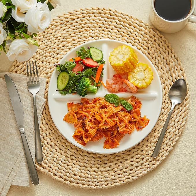 Sweese Porcelain Division Dinner Plates Set of 2, 9 Inch Divided Plates for Adults, Balanced Meal Building - White-Ruum Studio Home