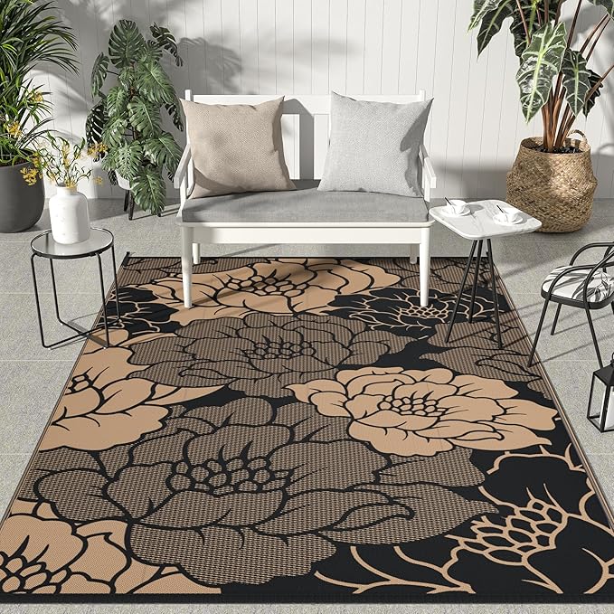 GENIMO Outdoor Rug Waterproof for Patio Decor, 8' x 10' Reversible Plastic Straw Floral Camping Carpet, Large Area Rugs Mats for RV, Camper, Deck, Balcony, Porch, Beach, Picnic, Mix-Black & Brown-Ruum Studio Home