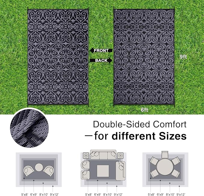 OLANLY Outdoor Rug Waterproof 6x9 ft Clearance, Reversible Outdoor Plastic Straw Rug with Floral Pattern, RV Mat for Patio, Camping, Balcony, Deck, Backyard, Black & Grey-Ruum Studio Home
