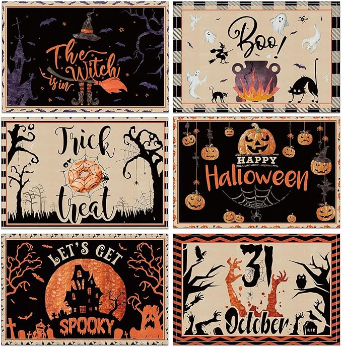 Umigy 6 Pcs Halloween Placemats 12"x18" Gothic Bat Placemats Kitchen Decoration Washable Witch Place Mats Rectangle Skull Table Mats for Halloween Dining Table Accessories(Classic)-Ruum Studio Home
