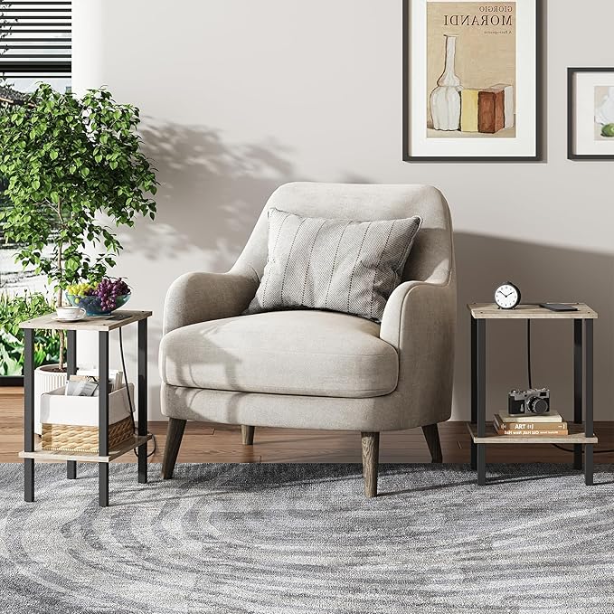 TUTOTAK End Table with Charging Station, Small Side Table with Outlets, Nightstand Bedside Table, 2-Tier Storage Shelf for Small Space, Living Room, Bedroom, Greige TB01BG040-Ruum Studio Home