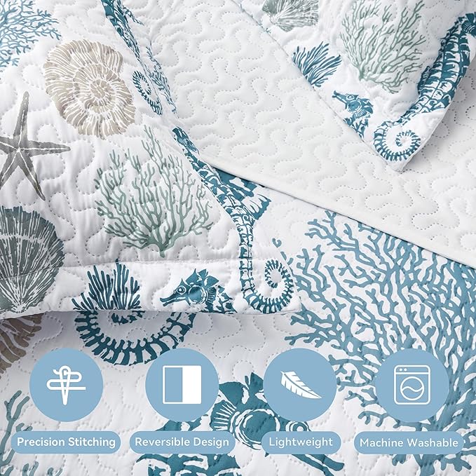 Coastal Bedding King Size Coastal Quilt with 2 Shams, Nautical Beach Comforter Sets Ocean Bedspreads Blue Seahorse Coverlet Summer Bedding, 96''x106''-Ruum Studio Home