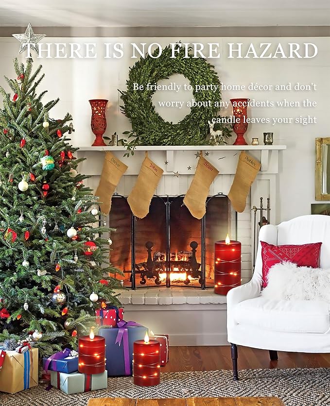 Red flameless Candles with Remote Control Timer Battery Operated LED Pillar Candles 4‘’ 5‘’ 6‘’ Fake Candles with String Lights Set of 3 for Christmas or Special Festivals Decorations-Ruum Studio Home