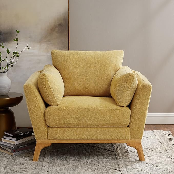 Large-Sized Accent Chair, Thick Cushion Bedroom Reading Chair, Comfortable Living Room Single Sofa, Linen Yellow-Ruum Studio Home