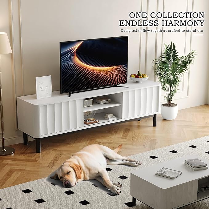 White Mid Century Modern TV Stand, Wood Fluted Living Room TV Stands with Storage Sliding Doors, Desert-Inspired Design MCM Entertainment Center for 55 60 65 70 75 55+ 60+ 65+ 70+ Inch-Ruum Studio Home
