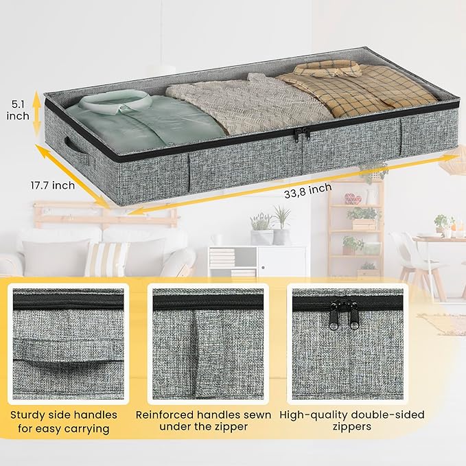 Gray Low Profile Under Bed Storage Containers 5 inches high, 33.8"x 17.7"x 5.1", Sturdy Underbed Shoe Storage Organizer, Foldable Fabric Under the Bed Storage Bins - Pack of 2-Ruum Studio Home