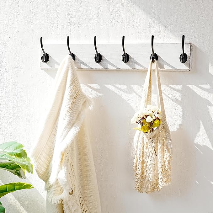 Dseap Wall Mounted Coat Rack: 24" Long, Patented, Heavy-Duty, 6-Double-Hooks Wooden Hanger Rail for Winter Coats, Hat, Jacket, Clothing - White & Black, Pack of 2-Ruum Studio Home