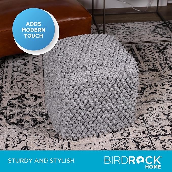 BIRDROCK HOME Buds Pouf Foot Stool Ottoman - Knit Bean Bag Floor Chair - Cotton Braided Cord - Great for The Living Room, Bedroom and Kids Room - Small Furniture (Grey - Buds)-Ruum Studio Home