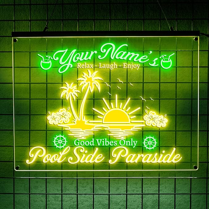 Personalized Pool Side Paradise Neon Sign, Custom Name LED Light, Tropical Sunset Design, Backyard Patio Bar Decor, Gift for Outdoor Lovers-Ruum Studio Home