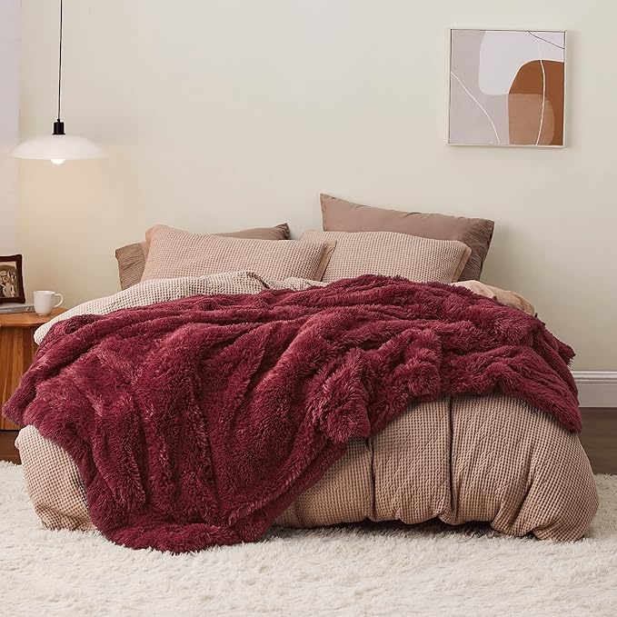 Bedsure GentleSoft Fluffy Burgundy Red Blankets Queen Size for Bed, Thick Sherpa Faux Fur Fleece Fuzzy Plush Winter Warm Soft Full Queen Blankets, Bedroom Decor Red Cozy Gifts for Women Men, 90x90-Ruum Studio Home