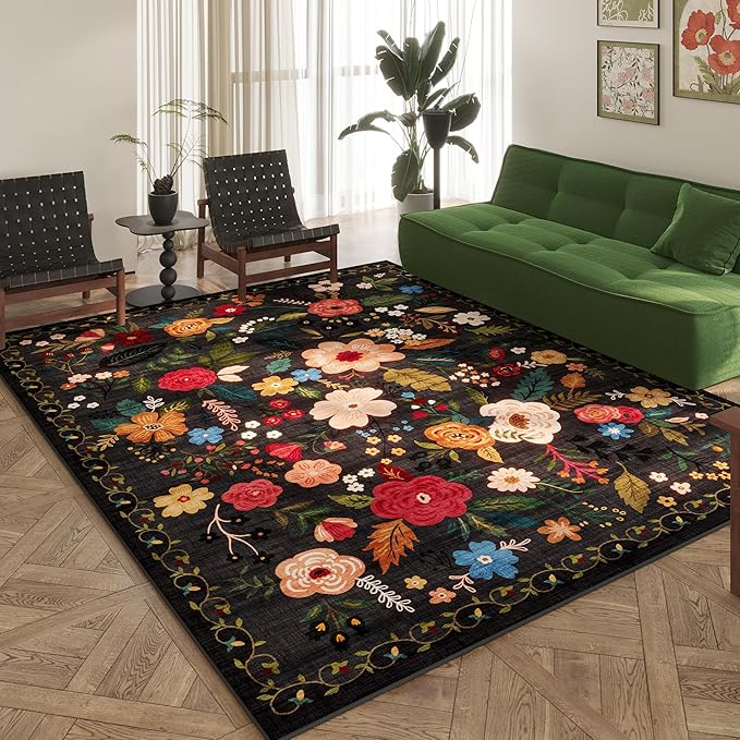 Living Room Rug 6x9 Rug Machine Washable Boho Area Rug Non Slip Floral Vintage Low Pile Large Rug for Living Room, Bedroom, Farmhouse, Dining Room, Kids Playroom(Black)-Ruum Studio Home