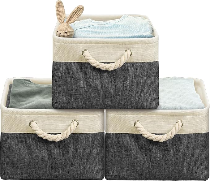 SIMPLE HOUSEWARE Large Fabric Storage Bin, 15.7" x 12" with Braided Handles, 3 Pack, Dark Gray-Ruum Studio Home