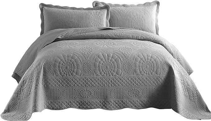 MarCielo 3-Piece 100% Cotton Oversized Bedspread Lightweight Quilt Coverlet Embroidery Farmhouse Bedding Set (Tf Light Grey, Oversized Queen (100"x106"))-Ruum Studio Home