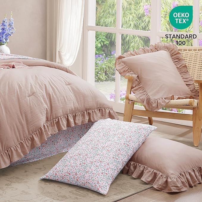 Queen Comforter Set - 7 Pieces Ruffle Pink Bedding Sets, Shabby Chic Farmhouse Bed in a Bag Queen with Ruffle Comforter, Floral Sheets, Pillowcases & Shams-Ruum Studio Home